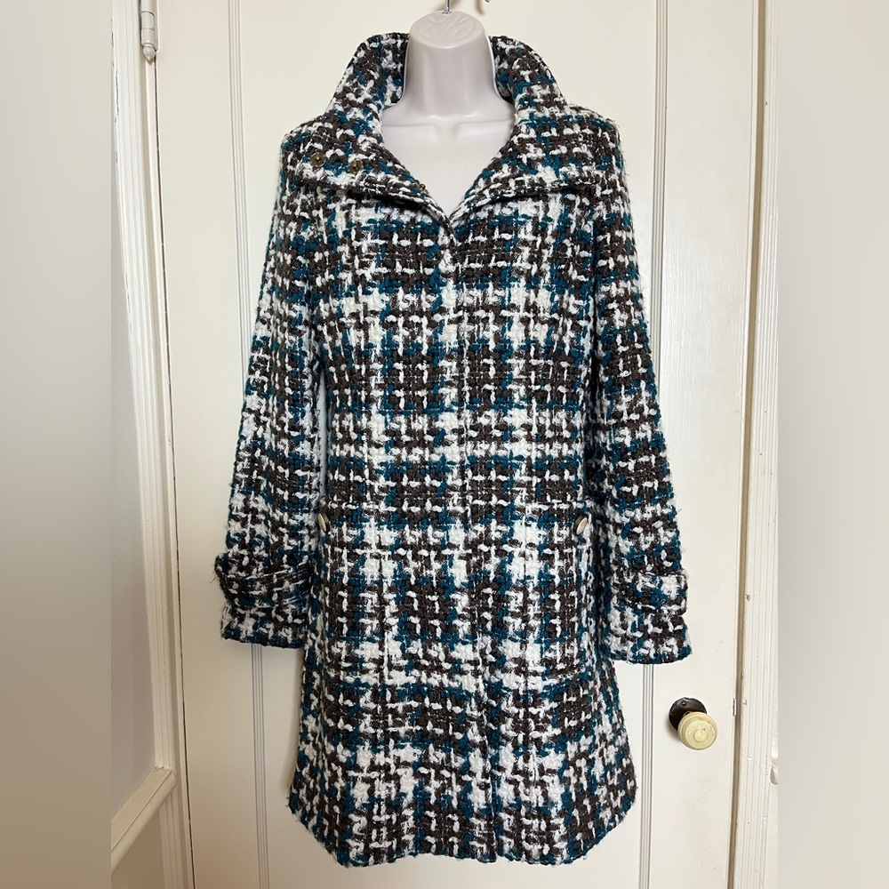 Vintage Arden B. Textured Weave Wool Blend Coat in Chocolate Brown/Teal/White